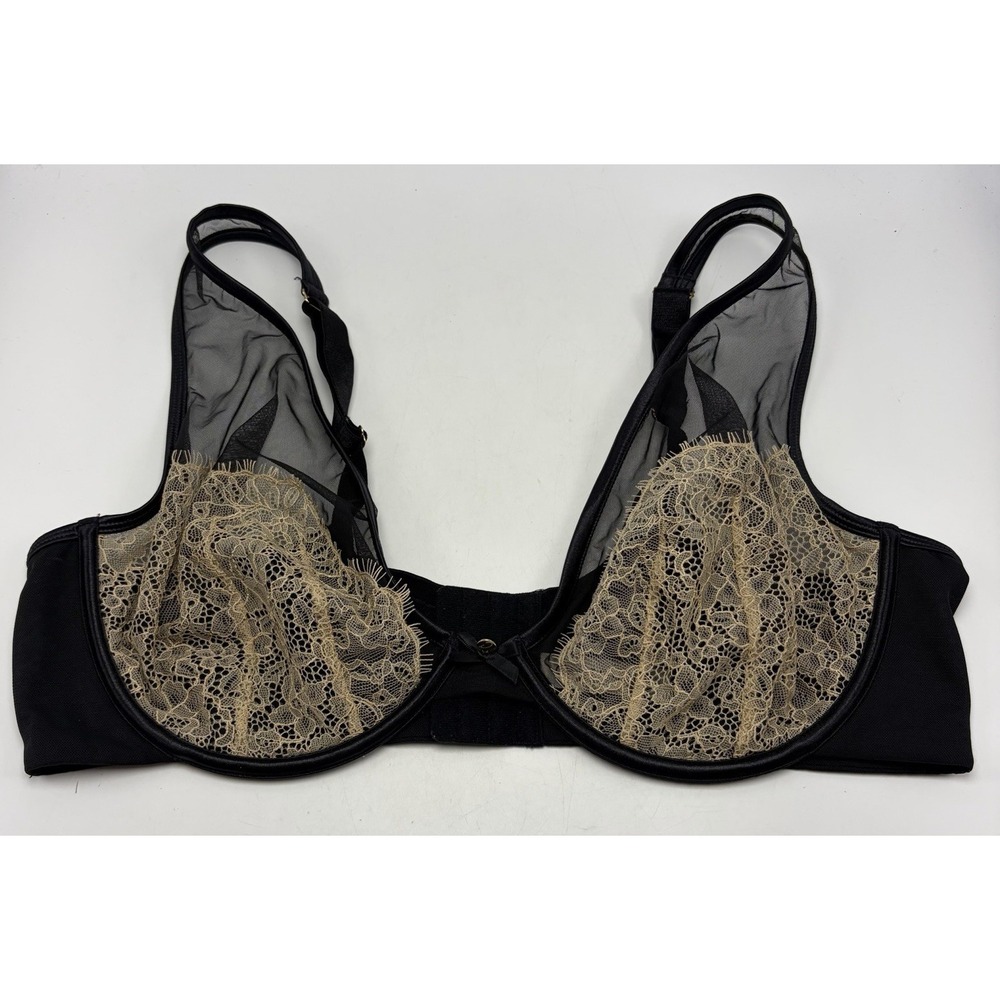 Cacique Veiled Lace Triangle UL Plunge Bra 42DD Black Nude Lace Sheer Sexy